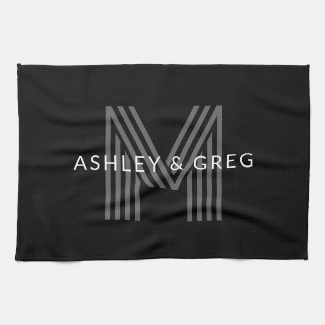 Retro Modern Name/s Editable Monogram Black & Grey Kitchen Towel (Horizontal)