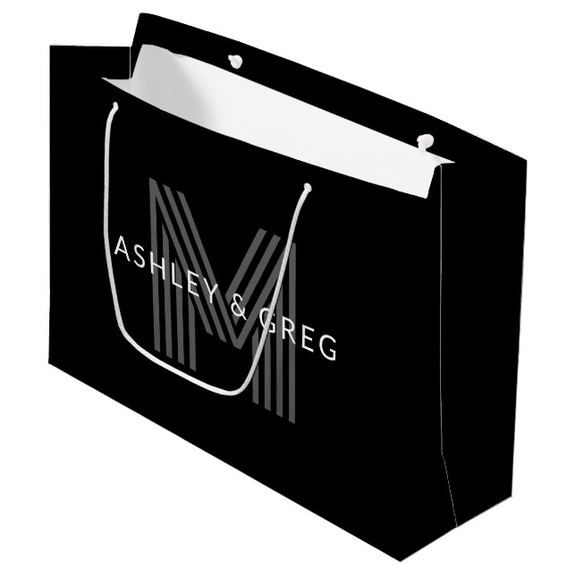 Retro Modern Name/s Editable Monogram Black & Grey Large Gift Bag (Front Angled)