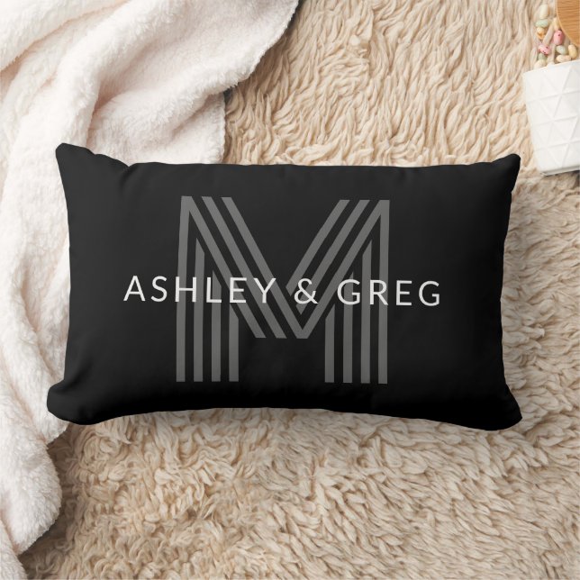 Retro Modern Name/s Editable Monogram Black & Grey Lumbar Pillow (Blanket)