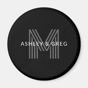 Retro Modern Name/s Editable Monogram Black & Grey Magnet