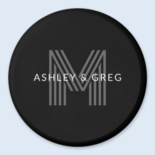 Retro Modern Name/s Editable Monogram Black & Grey Magnet