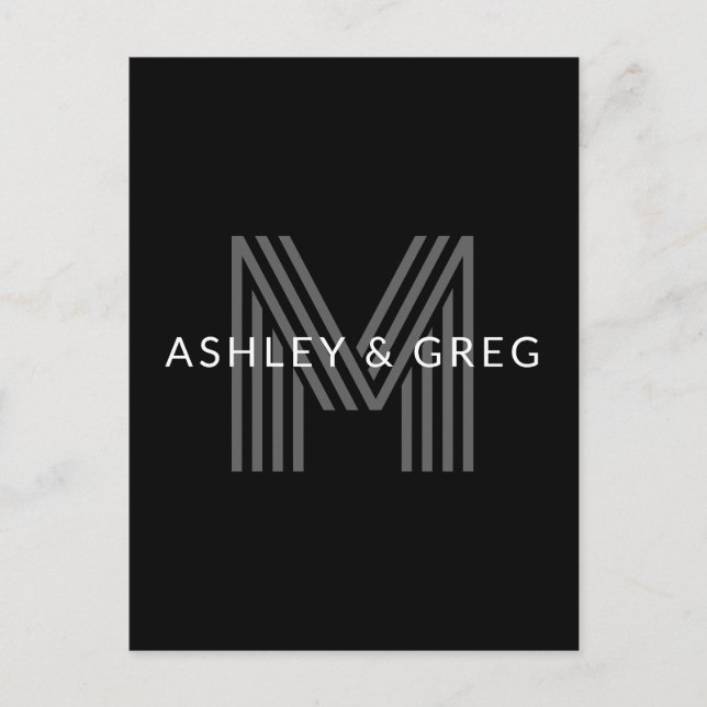 Retro Modern Name/s Editable Monogram Black & Grey Postcard (Front)