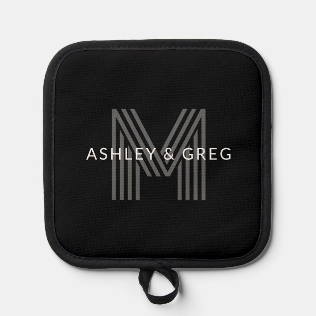 Retro Modern Name/s Editable Monogram Black & Grey Pot Holder (Front)
