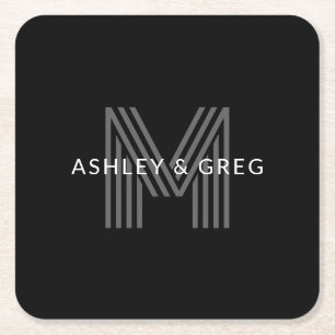 Retro Modern Name/s Editable Monogram Black & Grey Square Paper Coaster