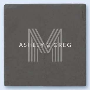 Retro Modern Name/s Editable Monogram Black & Grey Stone Coaster