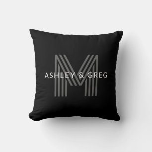 Retro Modern Name/s Editable Monogram Black & Grey Throw Pillow