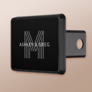 Retro Modern Name/s Editable Monogram Black & Grey Trailer Hitch Cover
