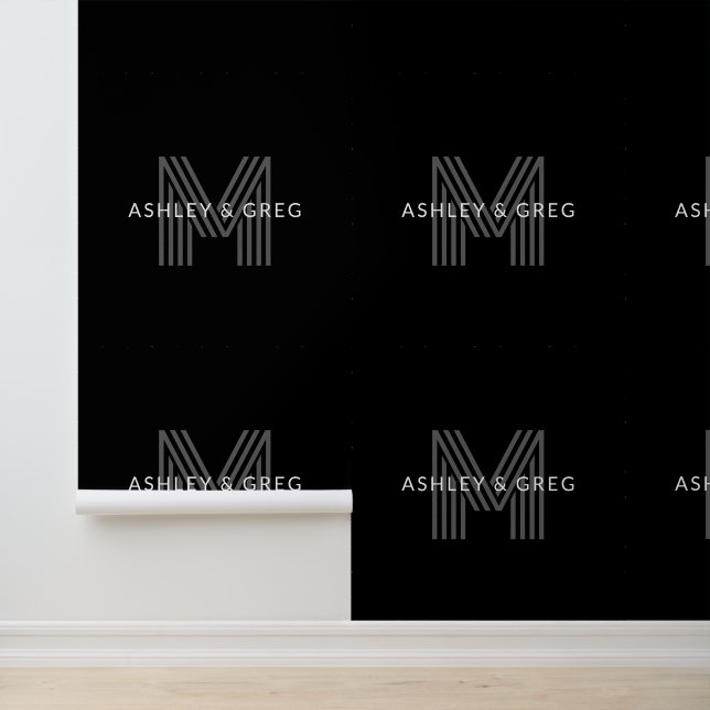 Retro Modern Name/s Editable Monogram Black & Grey Wallpaper (Application)