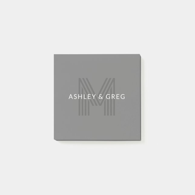 Retro Modern Name/s Editable Monogram Grey Post-it Notes (Front)
