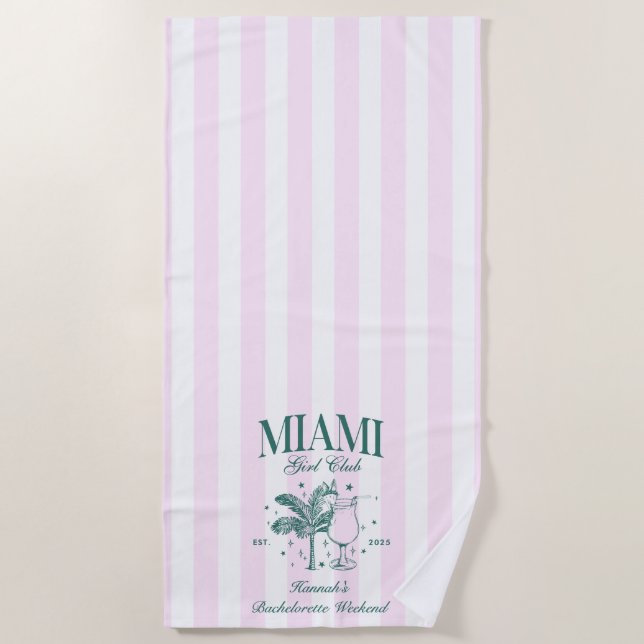 Retro Modern Pink & Green Miami Bachelorette Party Beach Towel (Front)