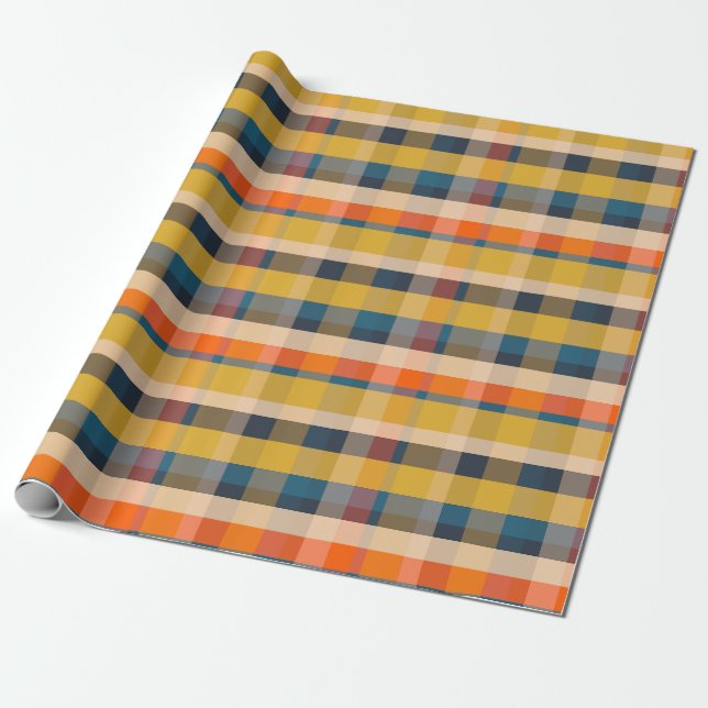 Retro Modern Plaid Pattern Mustard Blue Orange Wrapping Paper (Unrolled)