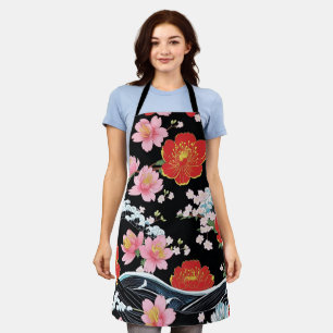 Retro Modern Seigaiha Sakura Flowers Japan party Apron