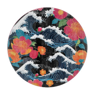 Retro Modern Seigaiha Sakura Flowers Japan party Cutting Board