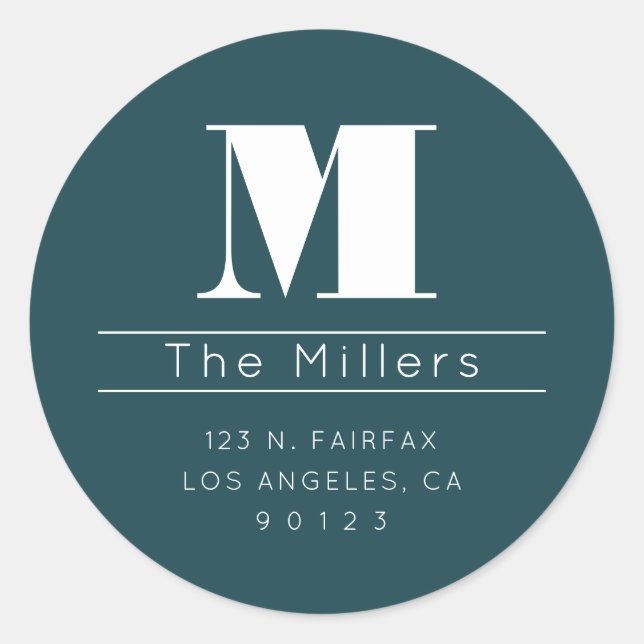 Retro-modern Surname Return Address & Monogram Classic Round Sticker (Front)