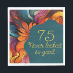 Retro Modern Teal Orange 75th Birthday Napkin<br><div class="desc">Add a bold splash of personality to your celebration with this “75 Never Looked So Good” birthday napkin. Featuring vibrant abstract florals in rich shades of orange, pink, teal, and crimson, this stylish napkin pairs perfectly with your milestone party décor. The playful phrase is printed in elegant script and modern...</div>