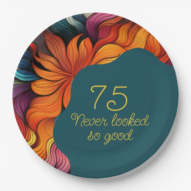 Retro Modern Teal Orange 75th Birthday Paper Plate (Front)