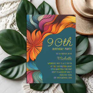 Retro Modern Teal Orange Psychedelic 90th Birthday Invitation