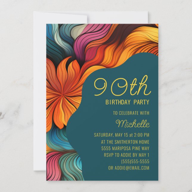 Retro Modern Teal Orange Psychedelic 90th Birthday Invitation (Front)