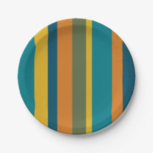 Retro Modern Vertical Stripe Pattern Teal Orange Paper Plate