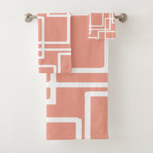 Retro Modern White Rectangles On Coral Bath Towel Set
