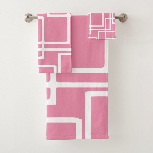 Retro Modern White Rectangles On Girly Pink Bath Towel Set (Insitu)