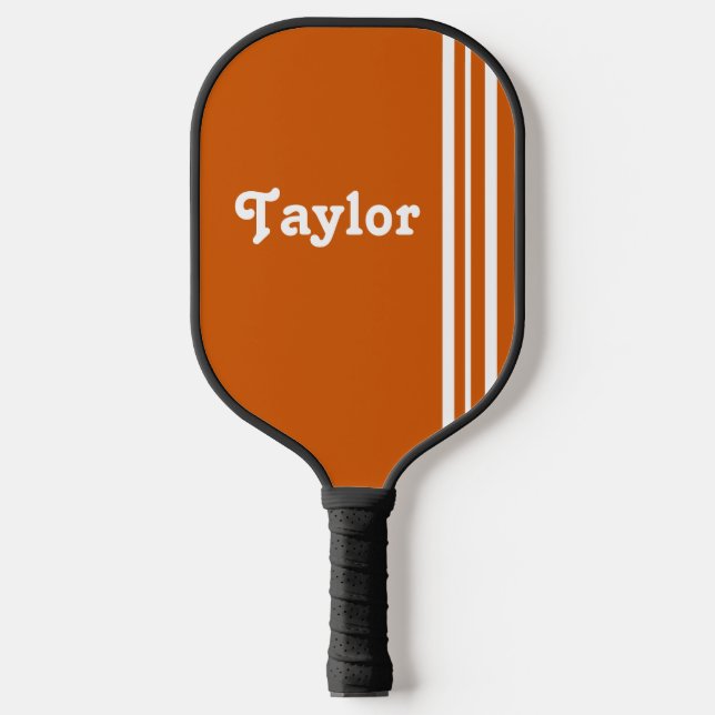 Retro Modern white Stripes Orange Personalized Pickleball Paddle (Front)