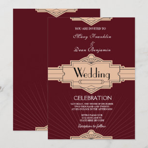 Retro Moderne Burgundy Rusty Art Deco Wedding Invitation