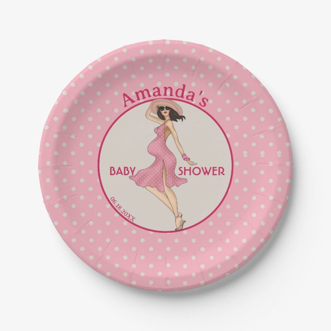 Retro Mom Brunette 2 Baby Shower Party Paper Plate (Front)