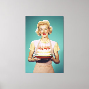 Retro Mom Holding a Celebration Cake Canvas Print