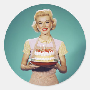 Retro Mom Holding a Celebration Cake Classic Round Sticker