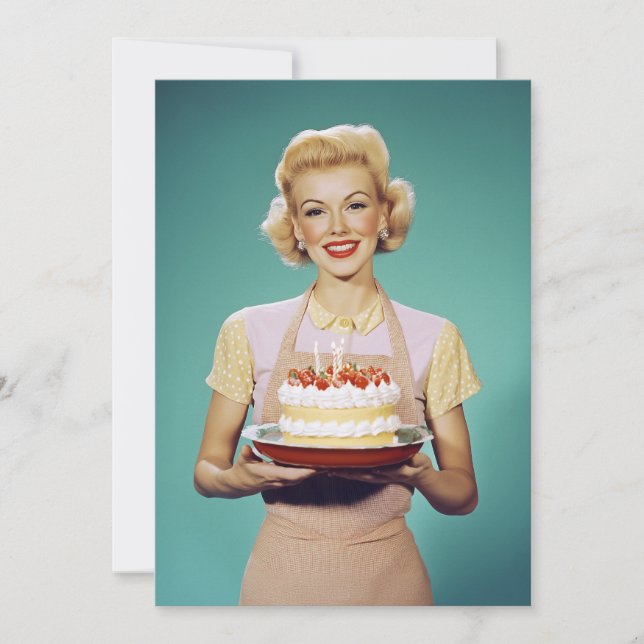 Retro Mom Holding a Celebration Cake Invitation (Front)