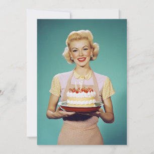 Retro Mom Holding a Celebration Cake Invitation