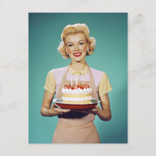 Retro Mom Holding a Celebration Cake Postcard