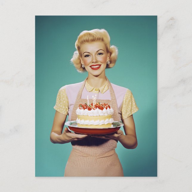 Retro Mom Holding a Celebration Cake Postcard (Front)