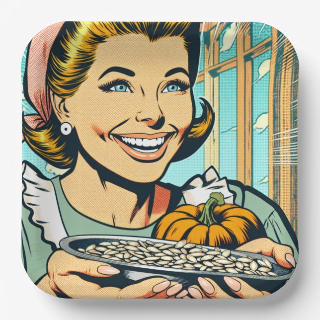 Retro Mom holding Plate of Halloween Pumpkin Seeds (Front)