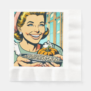 Retro Mom holding Plate of Halloween Pumpkin Seeds Napkin