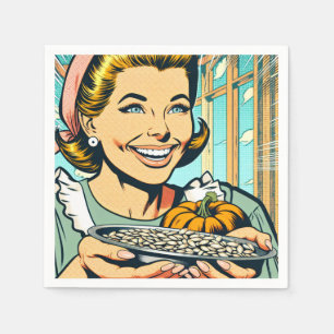 Retro Mom holding Plate of Halloween Pumpkin Seeds Napkin