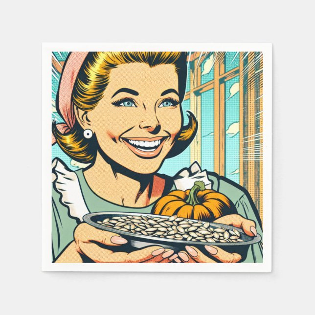 Retro Mom holding Plate of Halloween Pumpkin Seeds Napkin (Front)