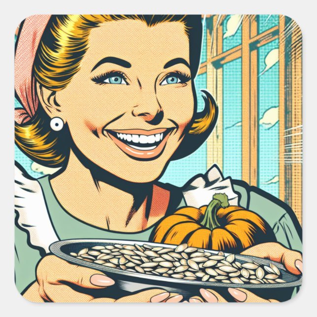 Retro Mom with Tray of Pumpkin Seeds Halloween Square Sticker (Front)