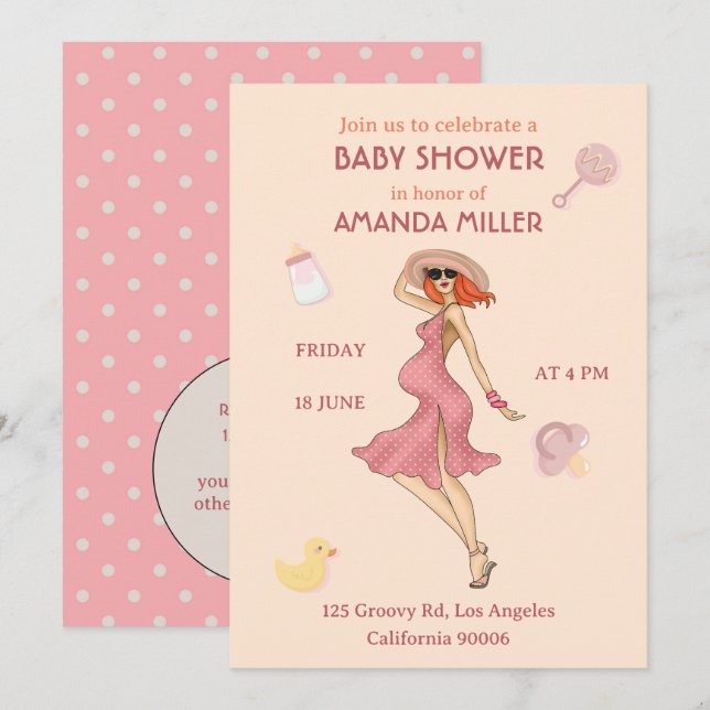 Retro Mommy Redhead 2 Baby Shower Party Invitation (Front/Back)