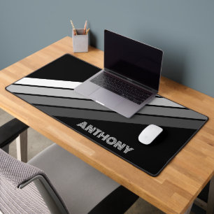 Retro Monochrome Grey White Stripes Art On Black Desk Mat