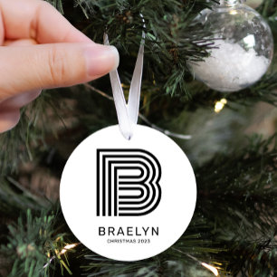 Retro Monogram and Name Black and White Christmas Metal Ornament