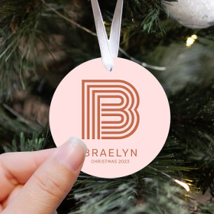 Retro Monogram and Name Pink Terracotta Christmas Metal Ornament
