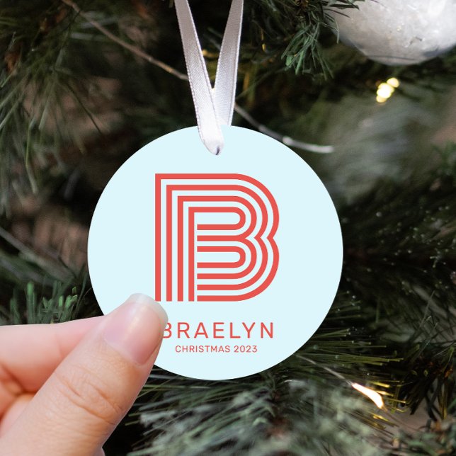 Retro Monogram and Name Red and Blue Christmas Metal Ornament (Creator Uploaded)