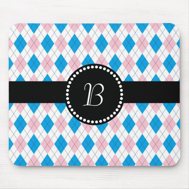 Retro Monogram Argyle Pattern Pink White Blue Mouse Pad (Front)