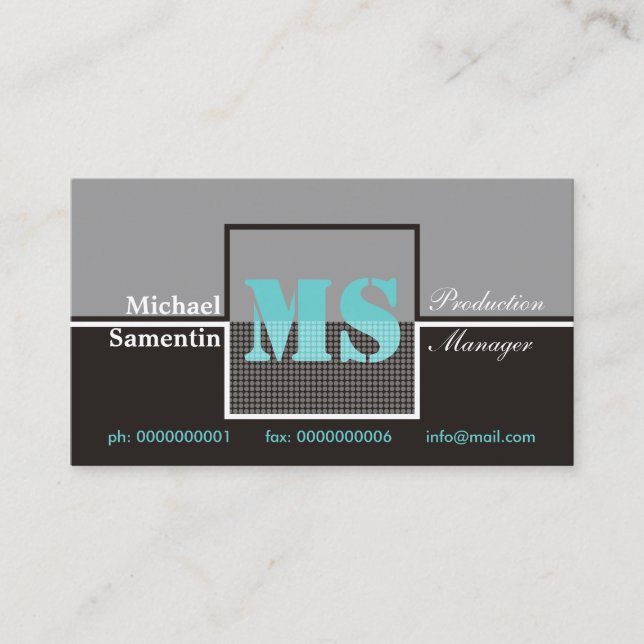 Retro Monogram black grey turquoise business cards (Front)