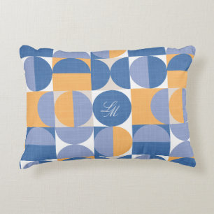 Retro Monogram Blue Yellow Mid-Century Circles Accent Pillow