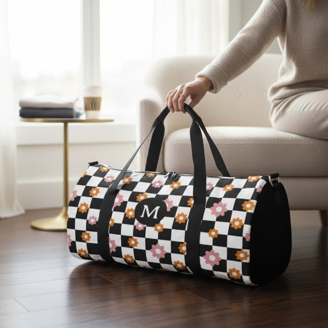 Retro Monogram Daisy Flower Chequerboard Pattern Duffle Bag (Creator Uploaded)