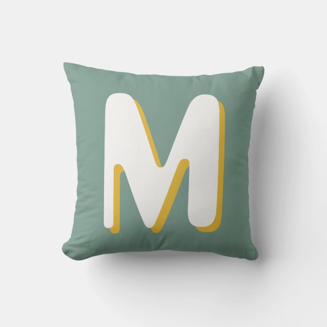 Retro Monogram Green White Yellow Throw Pillow (Front)
