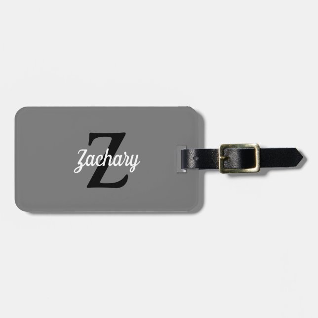 Retro Monogram Grey Black White Personalized Luggage Tag (Front Horizontal)